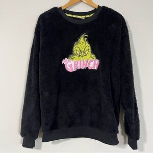 Holiday Grinch Embroidered Black Plush Fleece Womens Christmas Sweatshirt Medium
